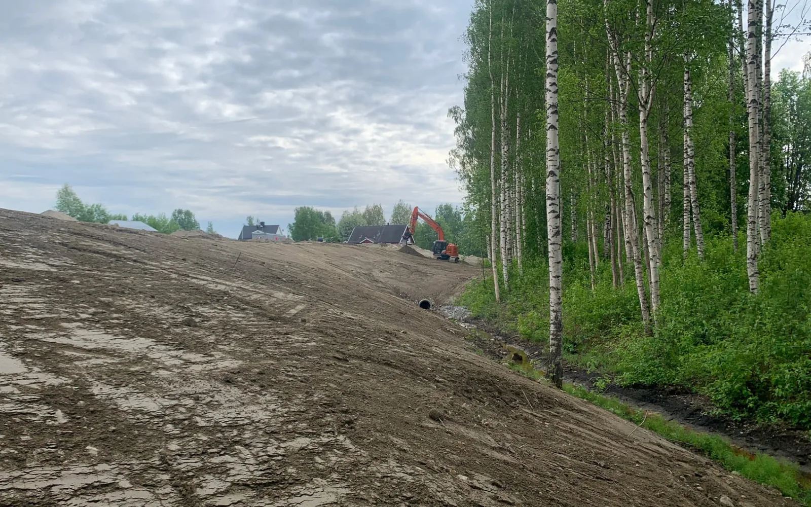 Nybyggd vägbank med trumma och grävmaskin i skogsmiljö utanför Skellefteå